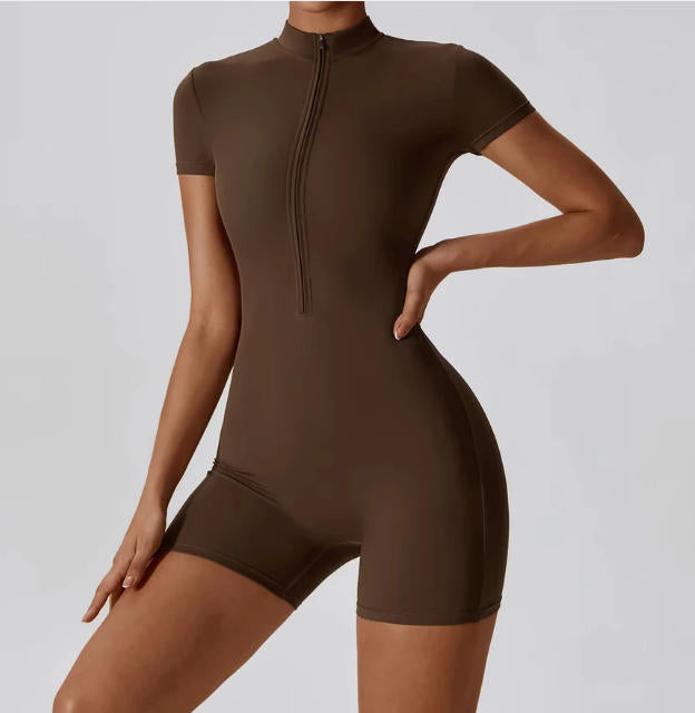 Summer Zipper Jumpsuits Short Sleeve Yoga Bodysuit