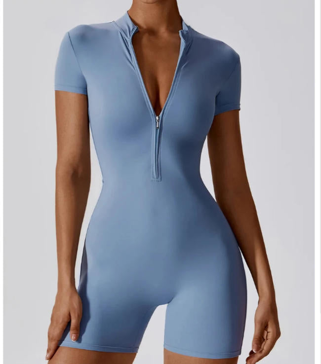 Summer Zipper Jumpsuits Short Sleeve Yoga Bodysuit