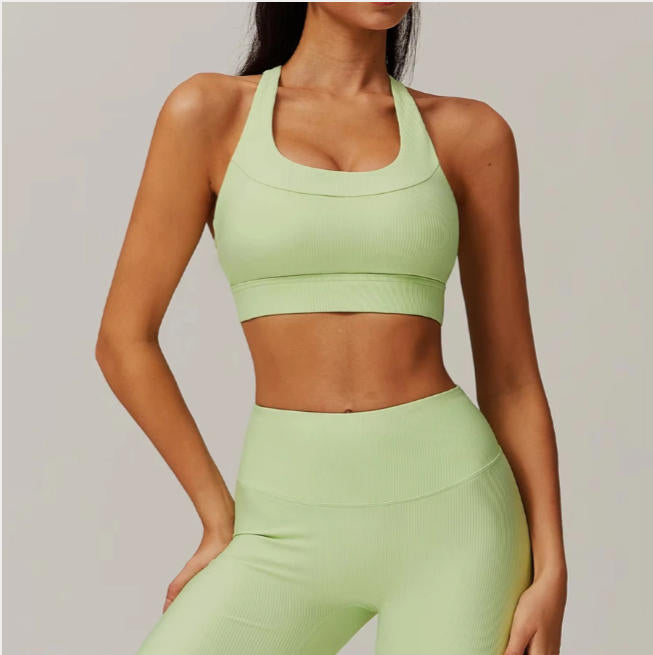Solid Color Ribbed Women Fitness Bra Tights Workout Yoga