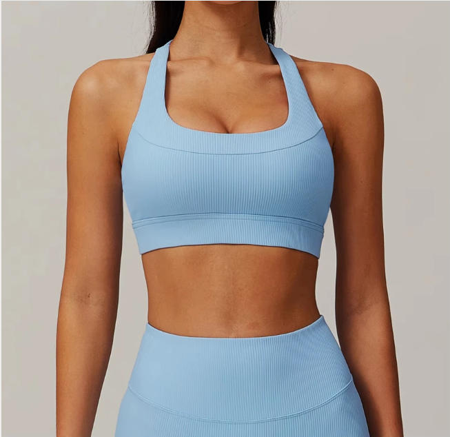 Solid Color Ribbed Women Fitness Bra Tights Workout Yoga