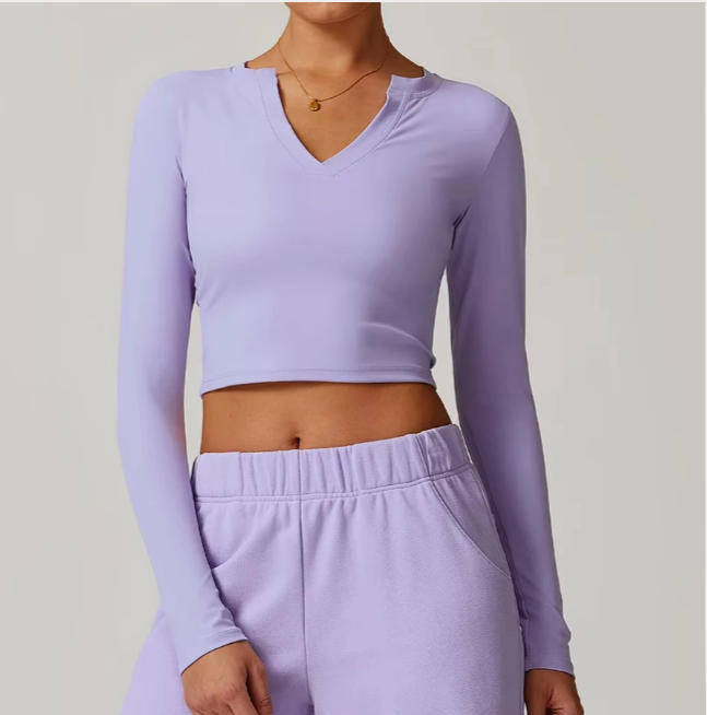 Women Outdoor Running Fitness T-shirt V-neck Long sleeved Single Piece Top