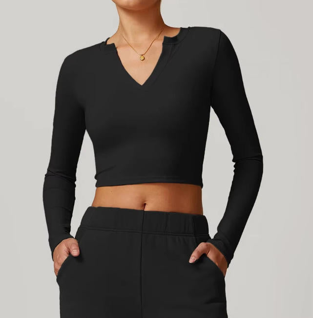 Women Outdoor Running Fitness T-shirt V-neck Long sleeved Single Piece Top