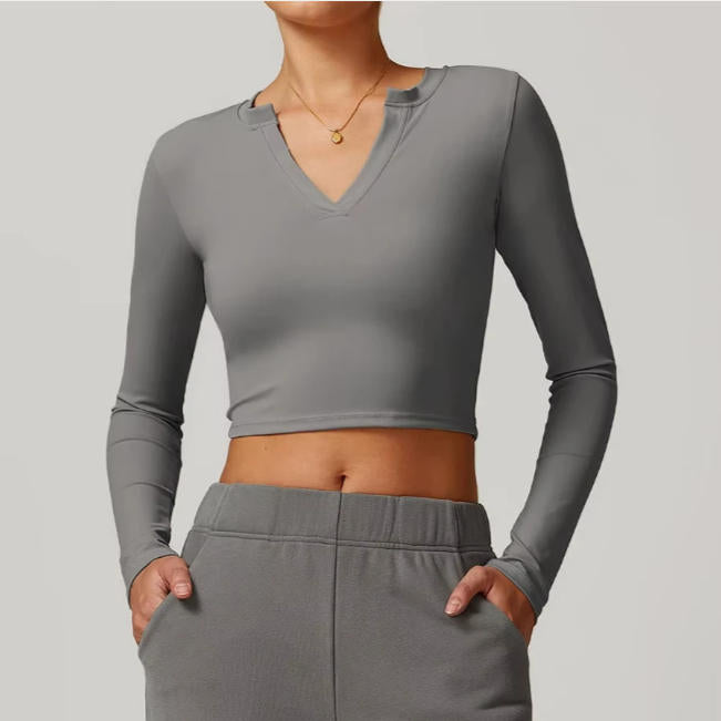 Women Outdoor Running Fitness T-shirt V-neck Long sleeved Single Piece Top