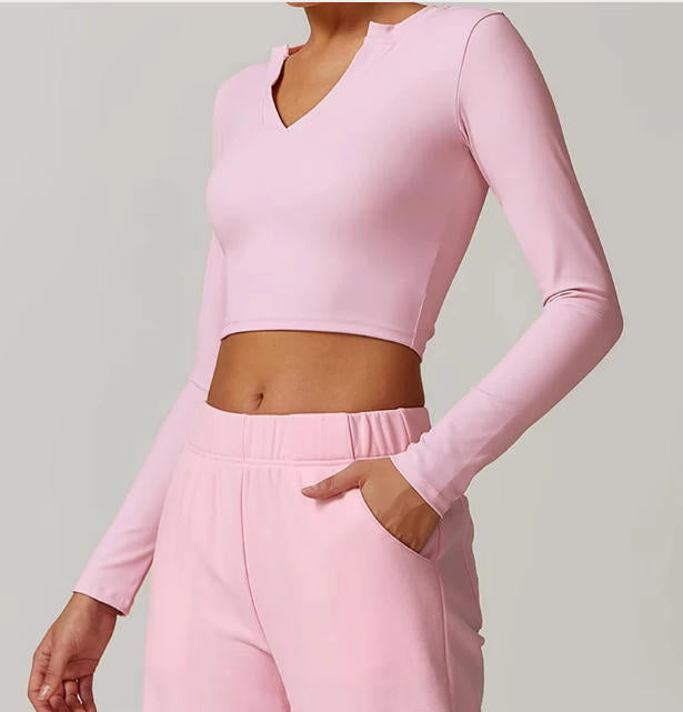 Women Outdoor Running Fitness T-shirt V-neck Long sleeved Single Piece Top