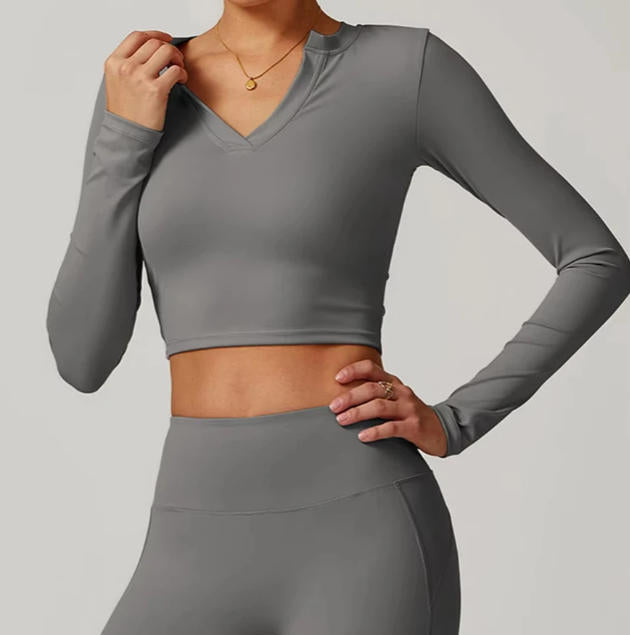 Women Outdoor Running Fitness T-shirt V-neck Long sleeved Single Piece Top