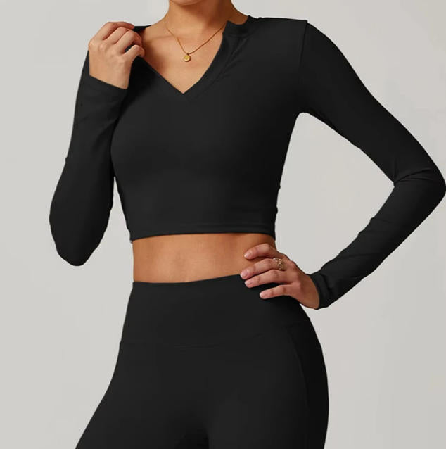 Women Outdoor Running Fitness T-shirt V-neck Long sleeved Single Piece Top