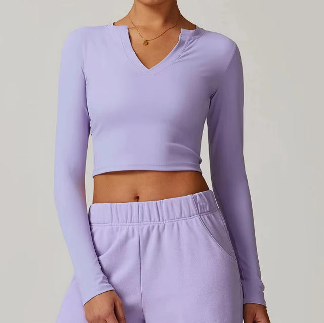 Women Outdoor Running Fitness T-shirt V-neck Long sleeved Single Piece Top