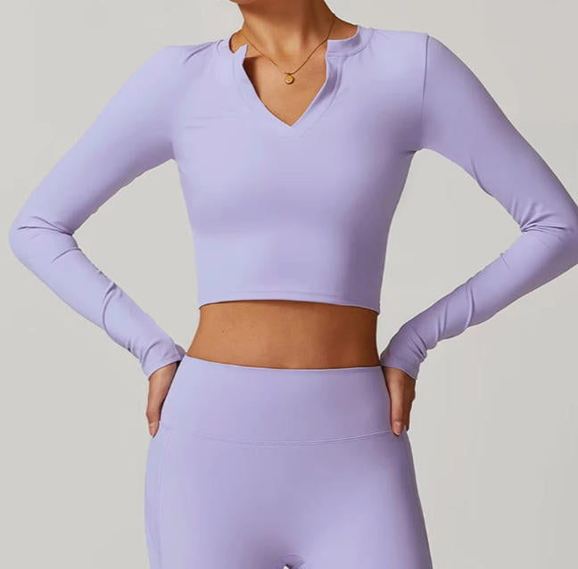 Women Outdoor Running Fitness T-shirt V-neck Long sleeved Single Piece Top