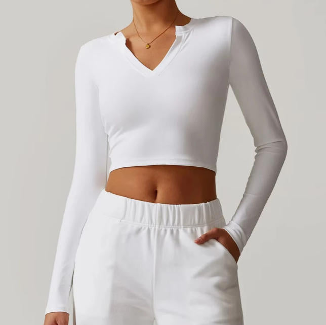 Women Outdoor Running Fitness T-shirt V-neck Long sleeved Single Piece Top