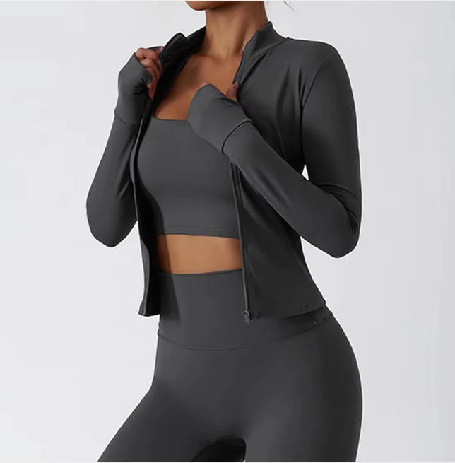 Women Zipper Jacket Yoga T-shirts Solid Sports Top Long Sleeve
