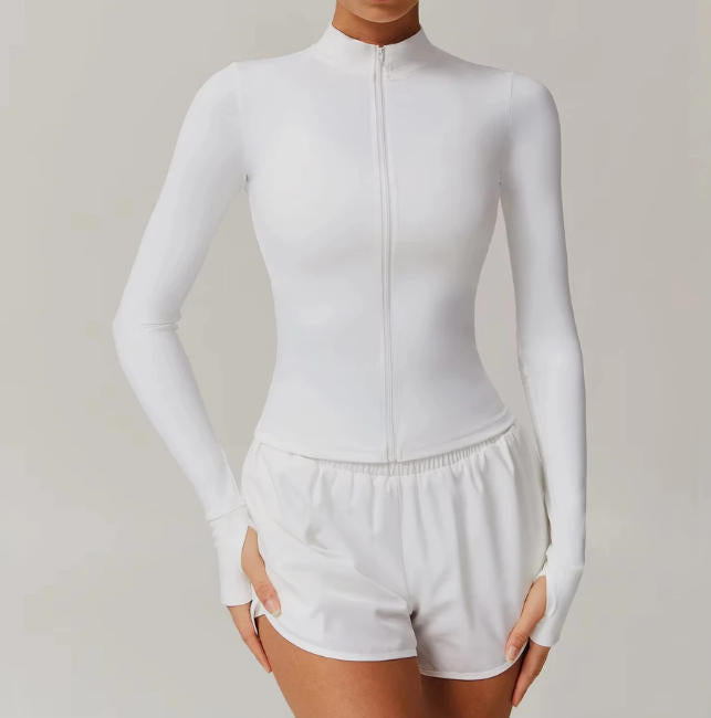 Women Zipper Jacket Yoga T-shirts Solid Sports Top Long Sleeve