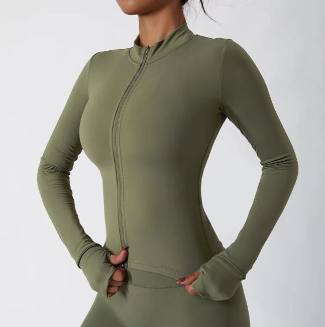 Women Zipper Jacket Yoga T-shirts Solid Sports Top Long Sleeve