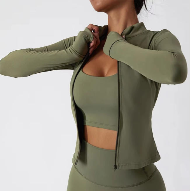 Women Zipper Jacket Yoga T-shirts Solid Sports Top Long Sleeve