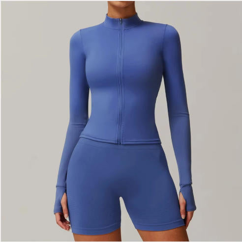 Women Zipper Jacket Yoga T-shirts Solid Sports Top Long Sleeve