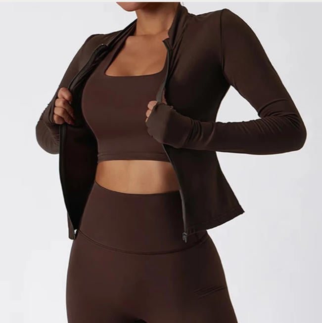 Women Zipper Jacket Yoga T-shirts Solid Sports Top Long Sleeve