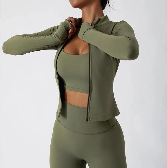 Women Zipper Jacket Yoga T-shirts Solid Sports Top Long Sleeve