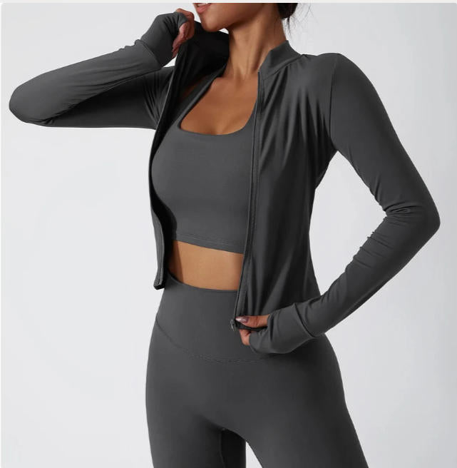 Women Zipper Jacket Yoga T-shirts Solid Sports Top Long Sleeve