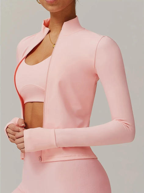 Women Zipper Jacket Yoga T-shirts Solid Sports Top Long Sleeve