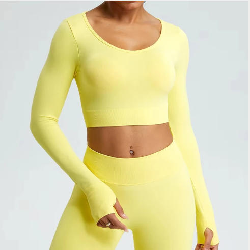 Yoga T-shirts Women Crop Top Solid Sports Top Long Sleeve Seamless Running Shirts