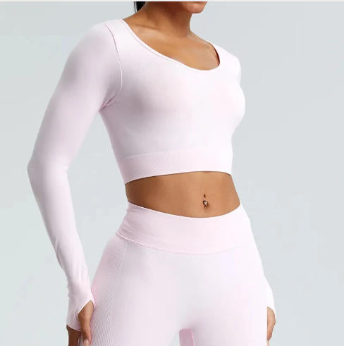 Yoga T-shirts Women Crop Top Solid Sports Top Long Sleeve Seamless Running Shirts
