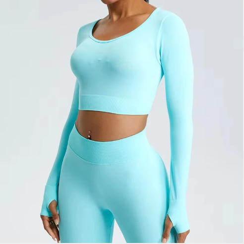 Yoga T-shirts Women Crop Top Solid Sports Top Long Sleeve Seamless Running Shirts