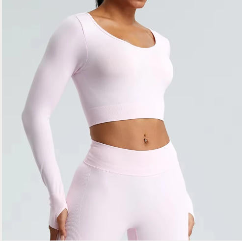 Yoga T-shirts Women Crop Top Solid Sports Top Long Sleeve Seamless Running Shirts