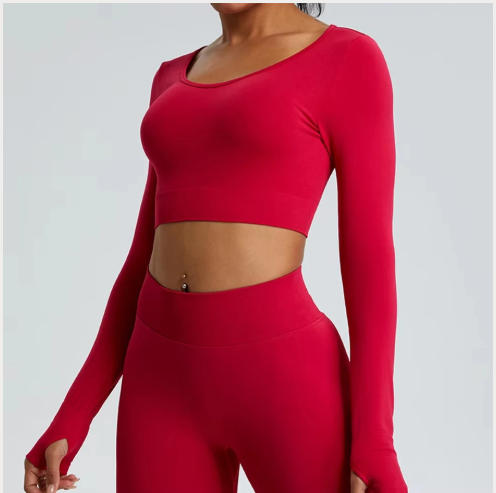 Yoga T-shirts Women Crop Top Solid Sports Top Long Sleeve Seamless Running Shirts